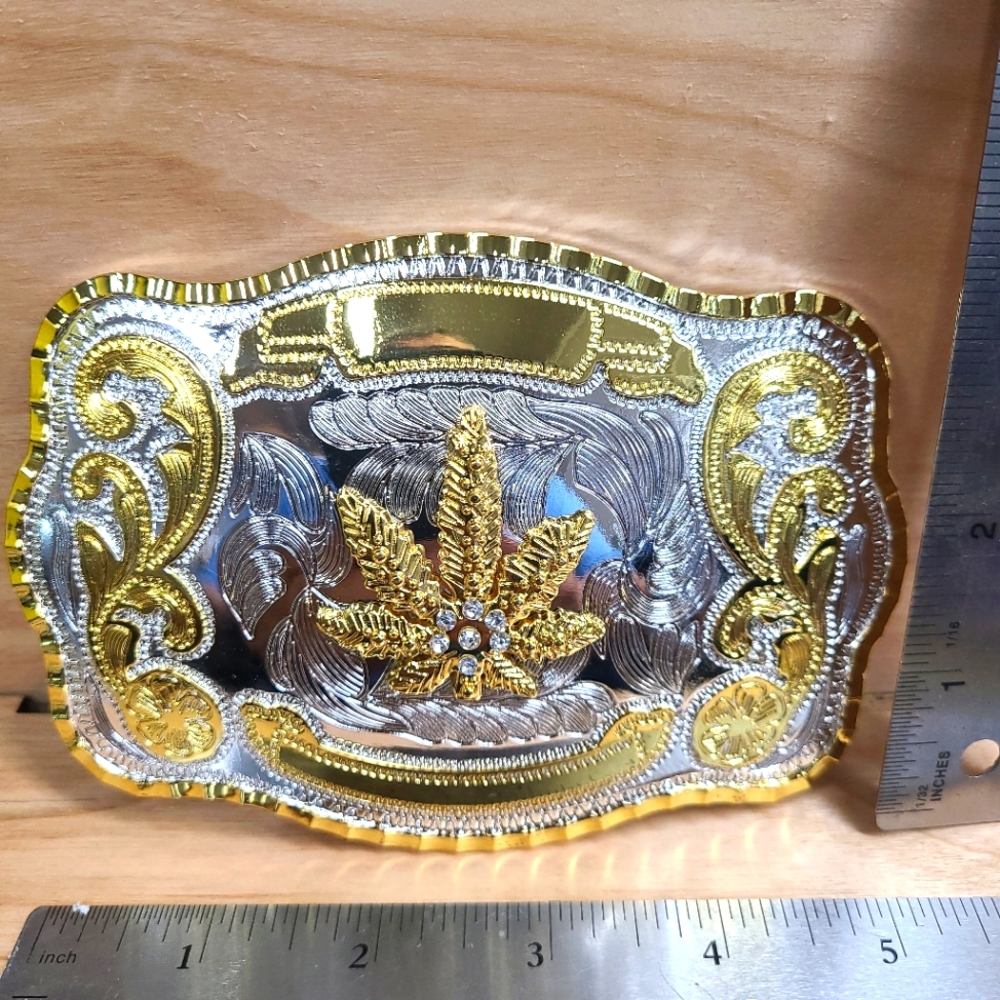 Super Large Silver, Gold Toned Belt Buckle with Five Clear Stones in the Middle